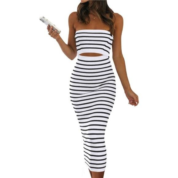 Women's Strapless Bodycon Midi Dress, Tube Top, Cutout, Casual, Summer Party